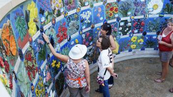 people viewing the nature's court tiles