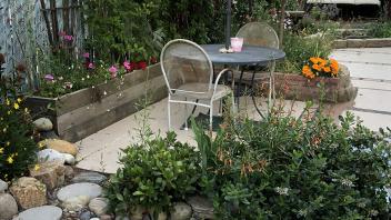Overview of Tucker Backyard after renovation with tiling and plants
