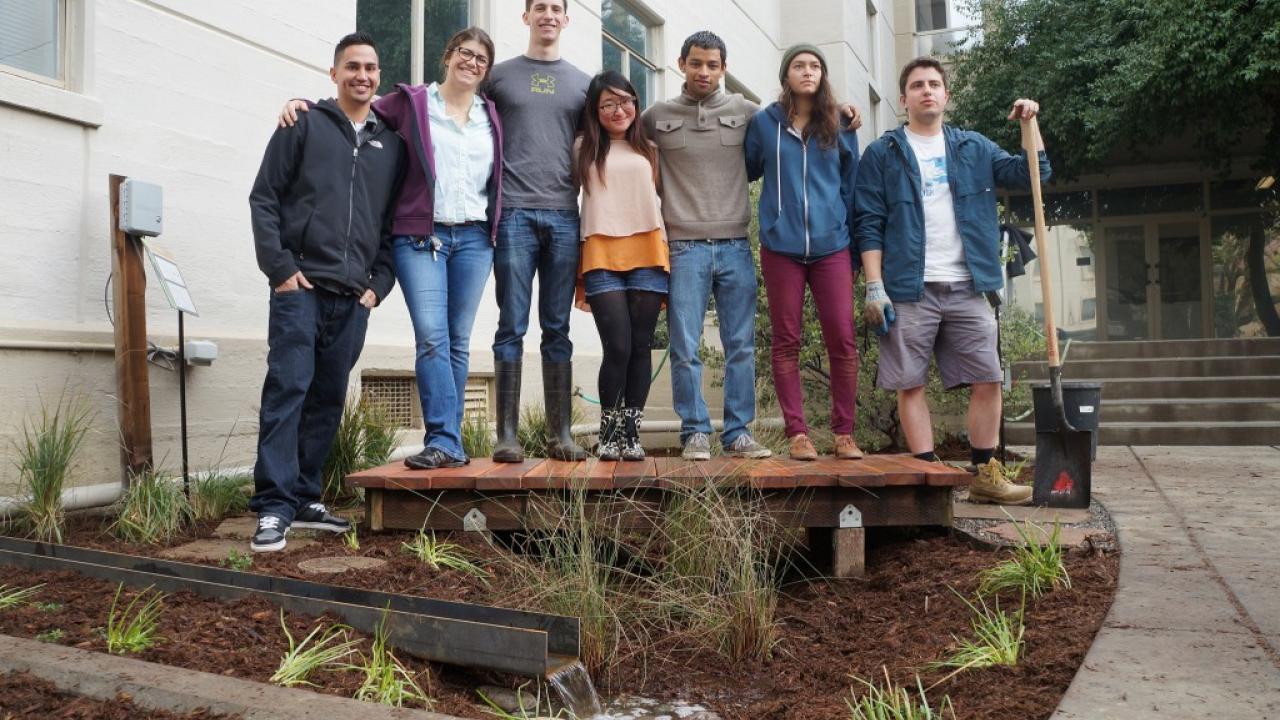 Environmental design and landscape architecture students that designed and built a storm water catchment and rain garden. This student project, along with many others, are currently on display in the courtyard of Hunt Hall at UC Davis. Environmental design and landscape architecture students