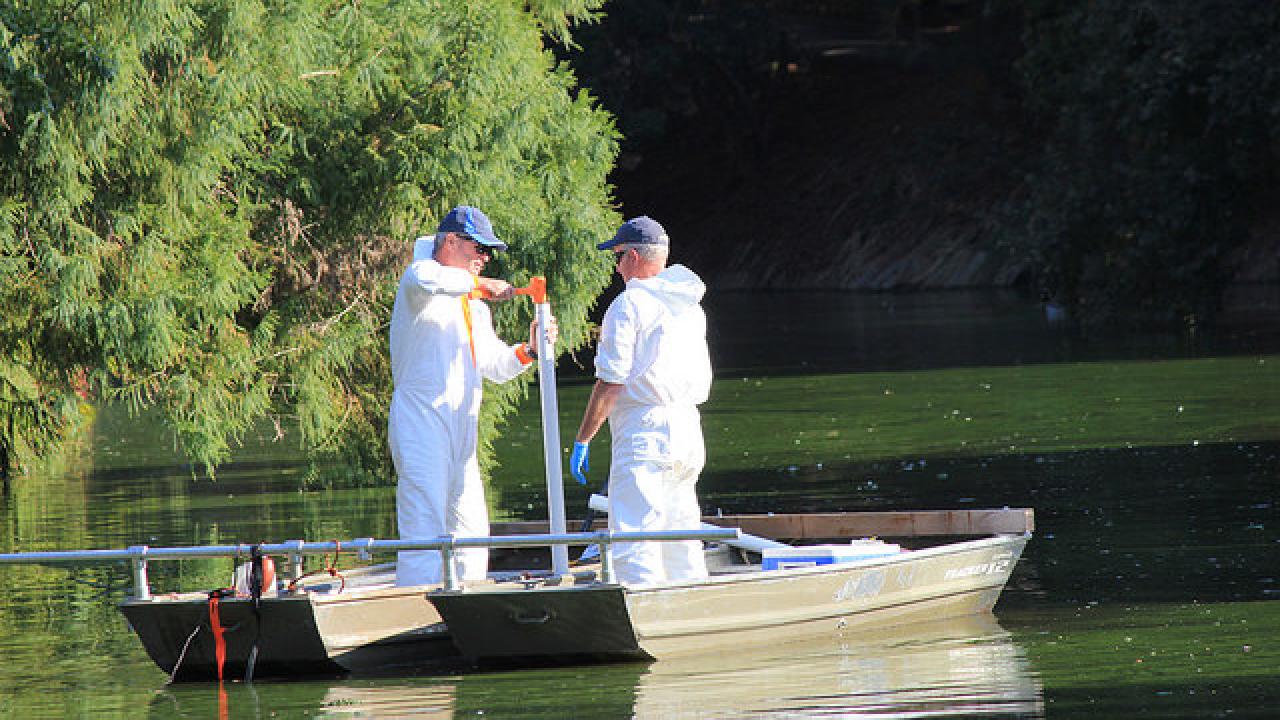 Representatives from Geocon, Inc. gather data on the sediment in Lake Spafford in preparation for Phase Two of this project which is currently scheduled to begin the summer of 2018. Representatives from Geocon, Inc.