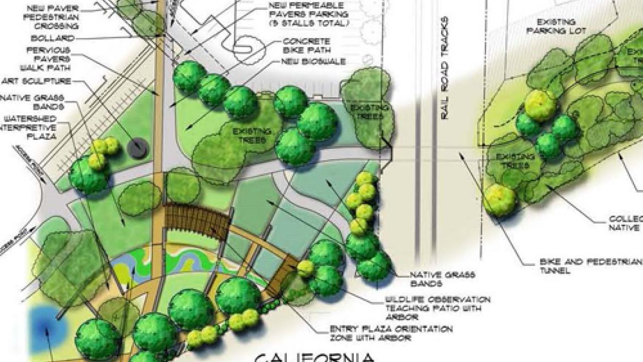 Detail image of draft Downtown Davis Parkway Greening Project site plan. Click the image to download complete concept level site plan. Detail image of draft Downtown Davis Parkway Greening Project site plan