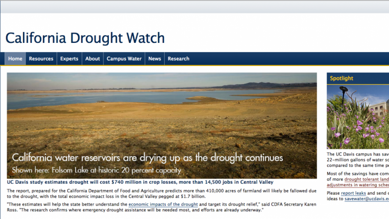 Screen shot from the UC Davis California Drought Watch information website. (May 20, 2014) screenshot of drought website