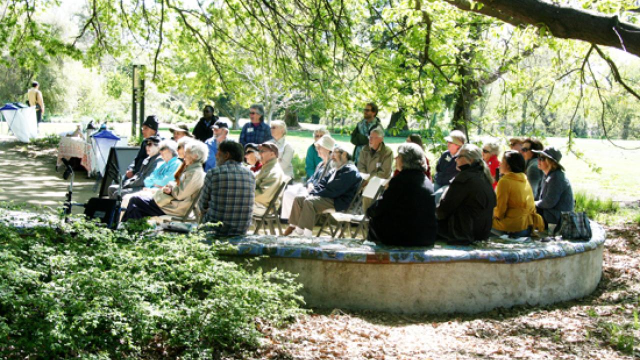 community members sitting in the peter shields oak grove