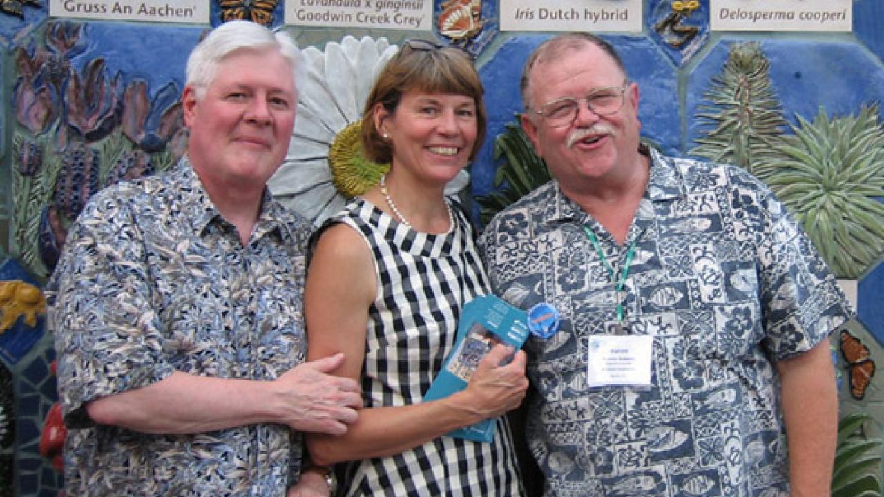 Bret Hewitt and Deb Pinkerton with Warren Roberts, currently the Arboretum’s Superintendent Emeritus, in front of the Nature’s Gallery Court installation at the United States Botanic Garden in Washington, DC. Bret Hewitt, Deb Pinkerton, Warren Roberts