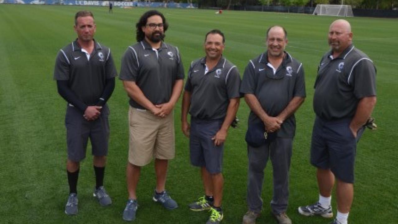 UC Davis Grounds and Landscape Services Sports Turf Crew from left to right: John Taylor, Kore Higuchi, Cutberto Santana, Clancy Klein and Kevin Galart. UC Davis Grounds and Landscape Services Sports Turf Crew