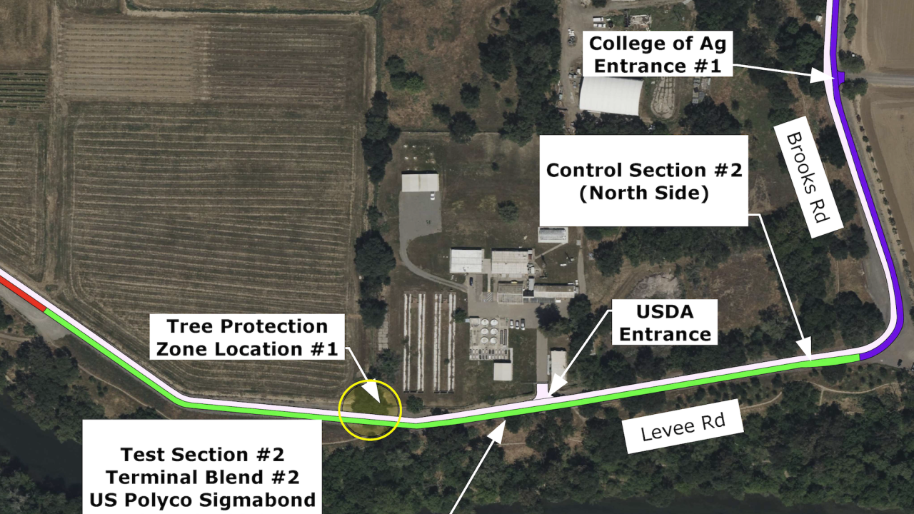 Marked up map of Levee Road and Brooks Road shows test sections, control sections, designated entrances and a tree protection zone