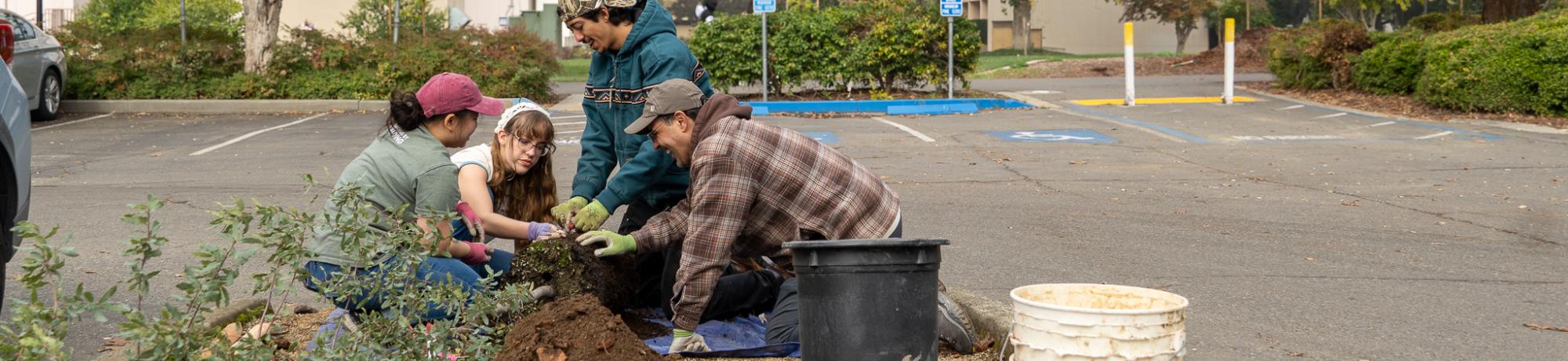 Volunteers prep a landscape in a parking lot on campus to plant a new tree.
